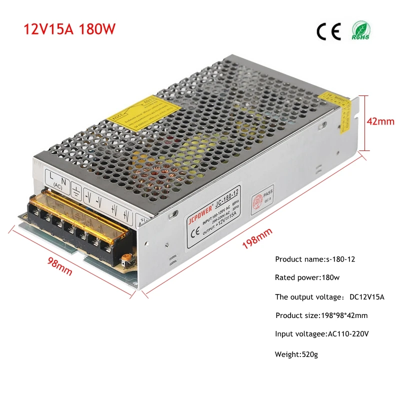 DC 12 V Драйвер светодиодной ленты Мощность адаптер 1A 2A 3A 5A 10A 15A 20A переключатель Питание AC110V-220V трансформатор Мощность 60 Вт 78 120 W