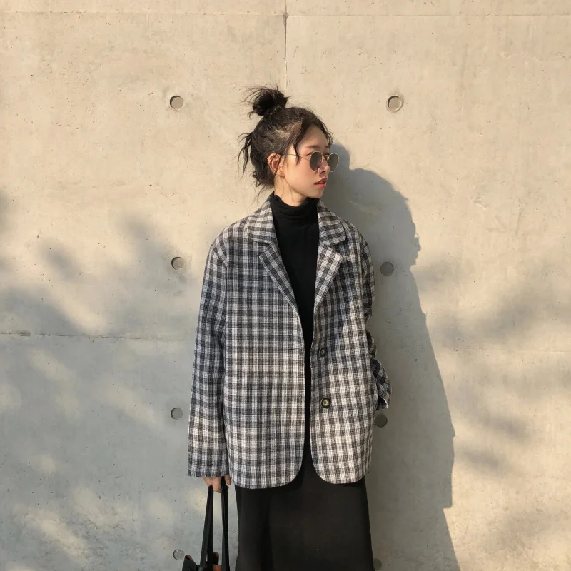 DICLOUD Harajuku клетчатые пальто женские осенние винтажные свободные куртки женские топы с длинными рукавами женские корейские короткие пальто женские зимние