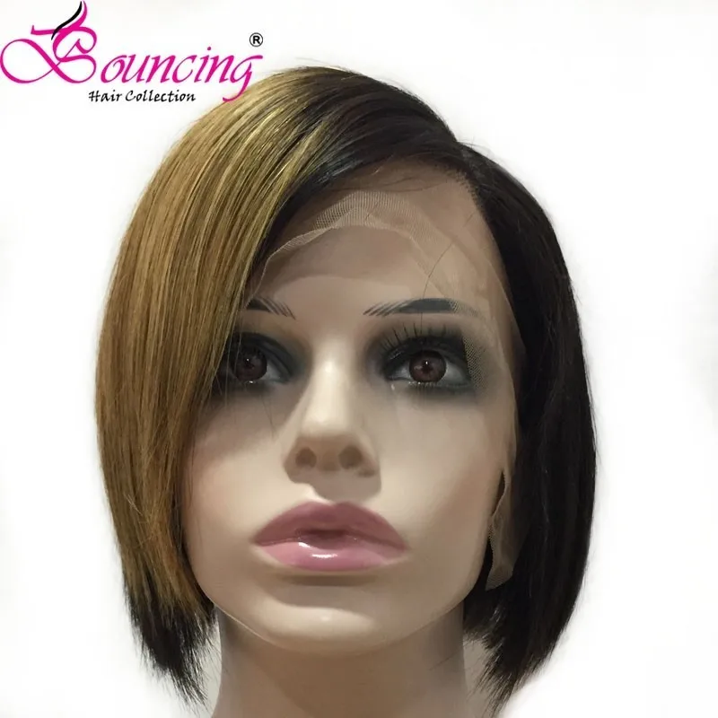 Подпрыгивающие волосы короткие Pixie Cut парик бразильские человеческие волосы remy парик фронта шнурка 1B с изюминкой#27 для черных женщин