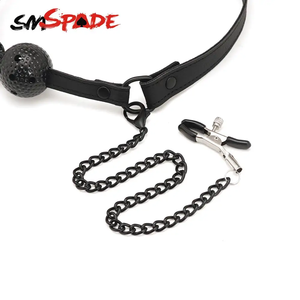 Металлические зажимы SMSPADE с открытым дышащим кожаным шариком для игр в рот