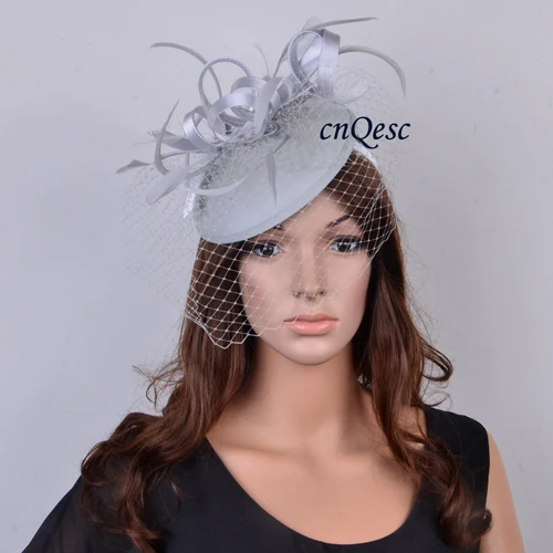 SILVER GREY Новые Элегантные, цвета шампанского, золотые вуалетки для чародейки Ascot Дерби шляпа фетровая основа fedora с перьями и вуалью для гонок выпускного вечера церковные Вечерние - Цвет: SILVER GREY