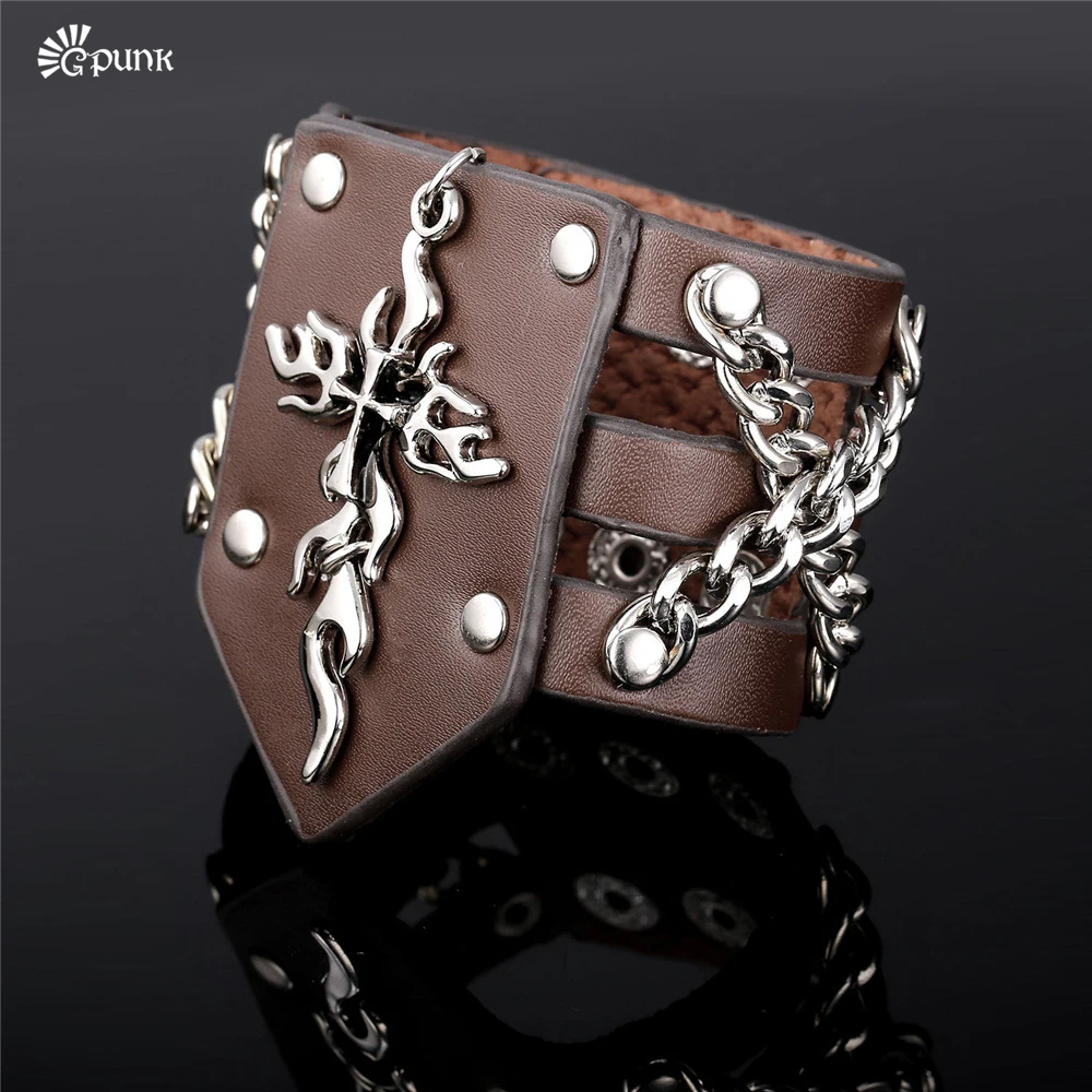 Мужской браслет из натуральной кожи многослойный Широкий Браслет-манжета