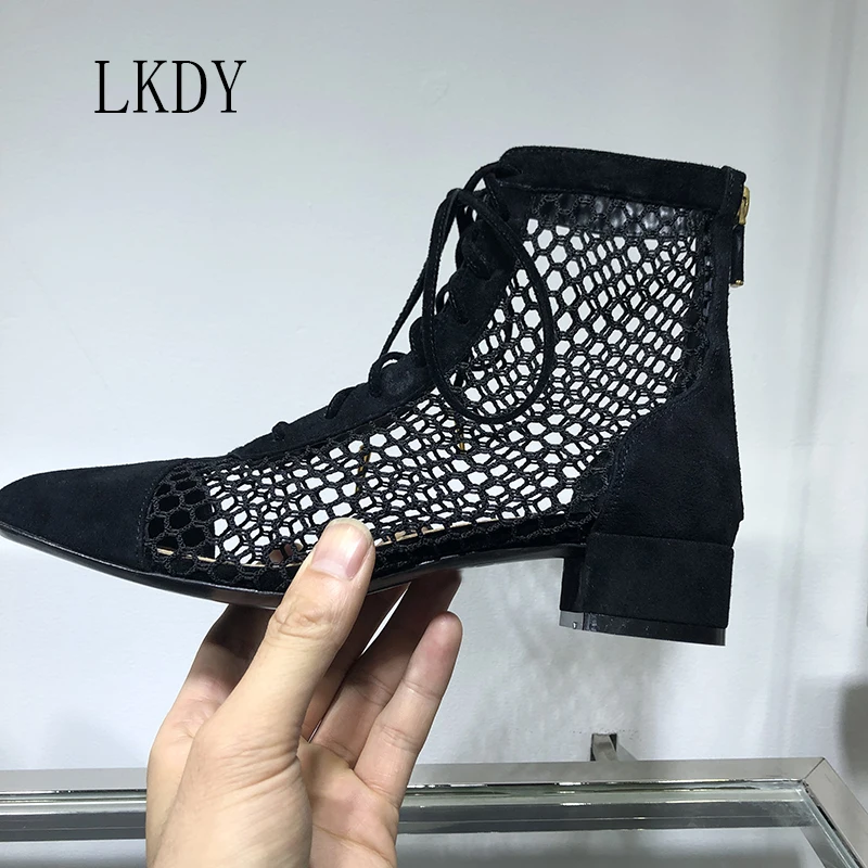 LKDY/ г. летние женские ботильоны на шнуровке из овчины, с бархатной прострочкой, на высоком каблуке, с молнией, римские сапоги