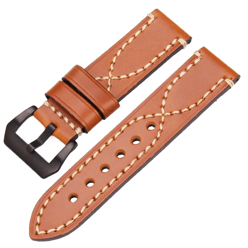 Brown black buckle Ремешок для наручных часов ручной работы из натуральной кожи для мужчин и женщин, черный, коричневый, зеленый, серый, 22 мм, 24 мм, толстый ремешок, стальная пряжка для Panerai - Цвет ремешка: Brown black buckle