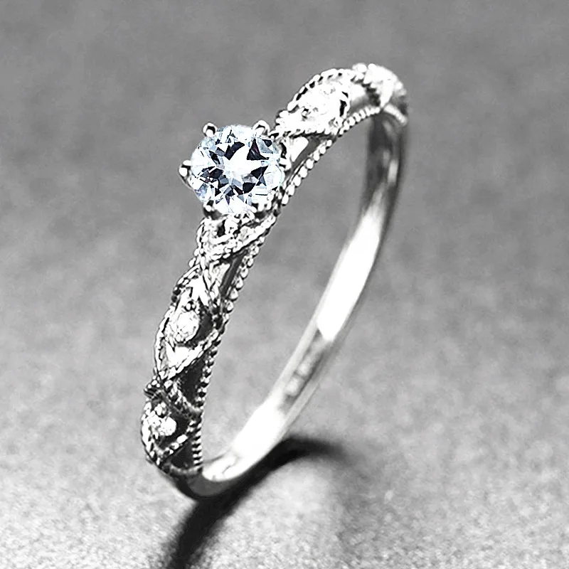 

Art Deco Solid 10k White Gold Natural Diamond Engagement Wedding Ring Aquamarine for Women Fine Jewelry Anniversary Retro