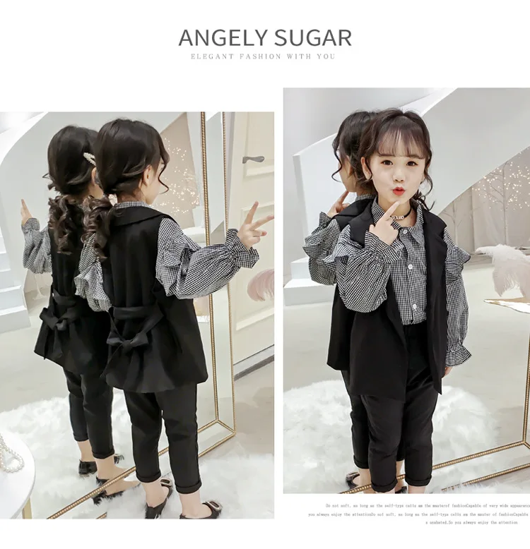 

fashion kids 3 pcs clothing sets for girls 2019 spring summer blouse+pants+blazer plaid girls clothes 10 12 years kids costume