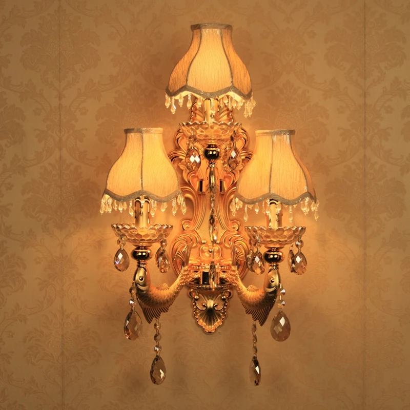 KTV Bar Gold Crystal Wall Lights Living Room Decorative Bedroom Bedside Lamp Nordic Aisle Sconce Modern Cloth Art Candle Textile