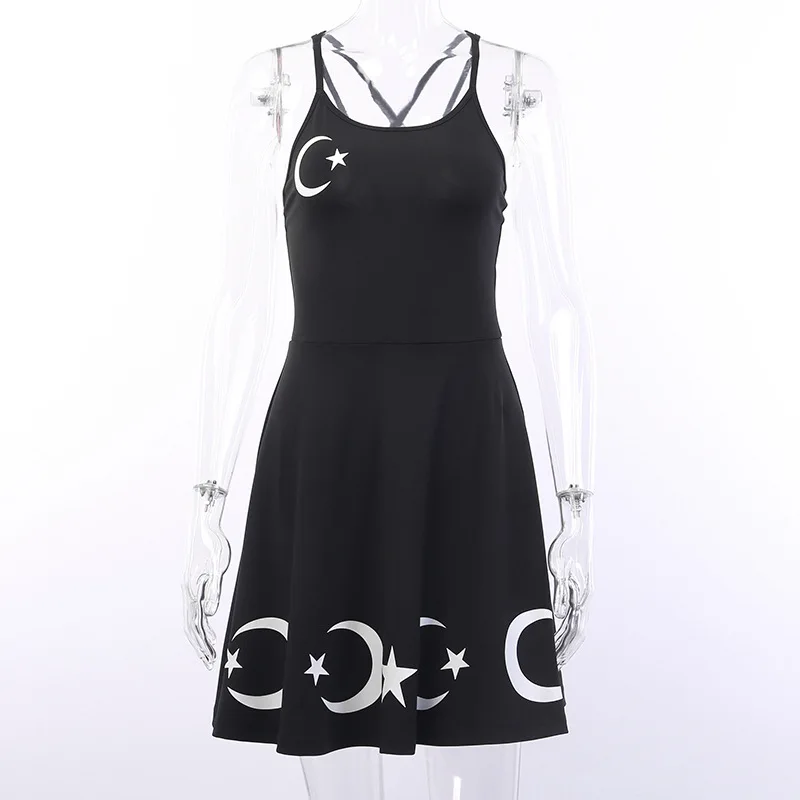 Летние для женщин готический панк звезда луна печати Слинг рукавов спинки