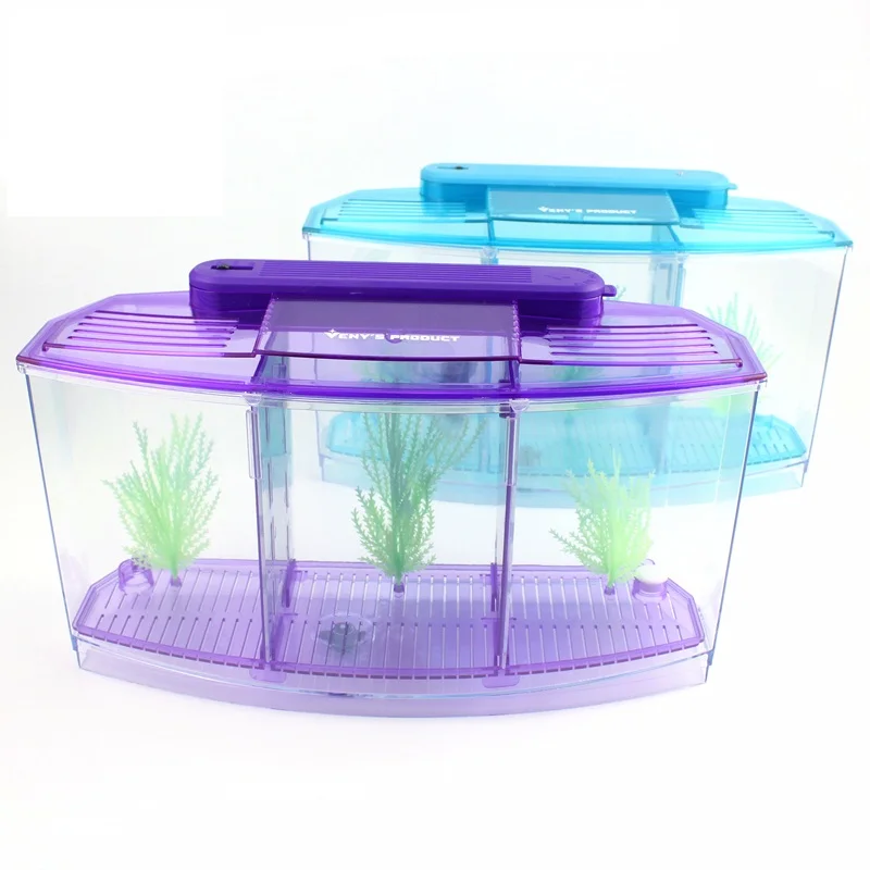 Acrylic Aquarium Betta Fish Tank Triple Bow Three Splits LED Light Fighting isolation hatch breed box Reptile cage turtle house