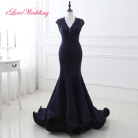 2020 new navy blue open back mermaid prom dresses cap sleeve v neckline pearls beading women formal party gowns real sample