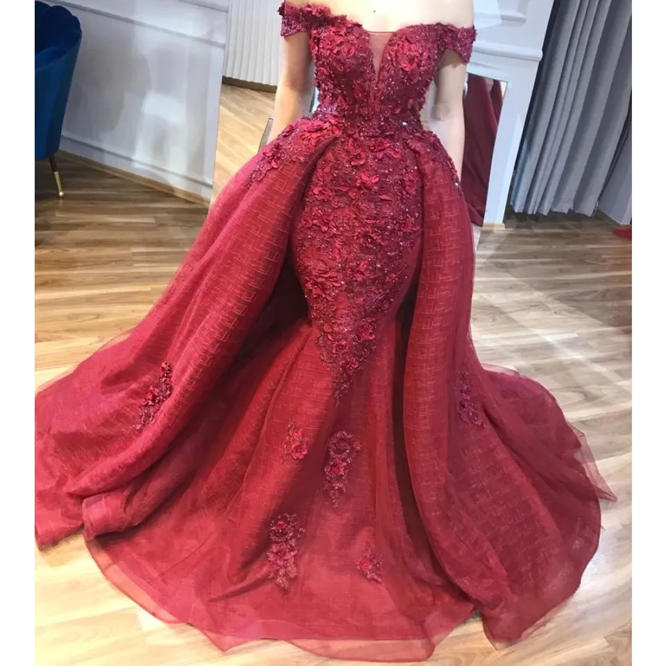 

Abiye Dubai Red Lace Beaded Mermaid Evening Dresses 2018 With Detachable Train 3D Flower Prom Gowns Off Shoulder Abendkleider