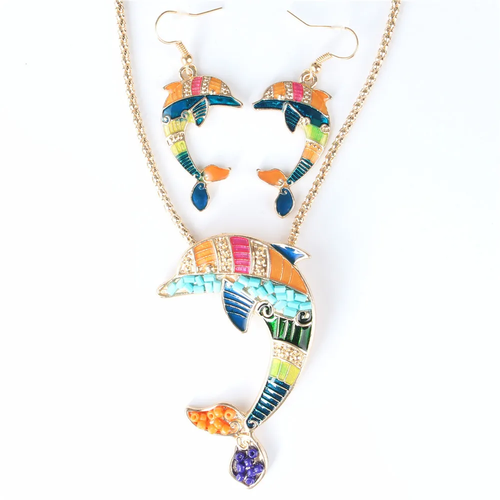 Ожерелье с дельфинами и рыбками золотистые Серебристые серьги для вечеринки
