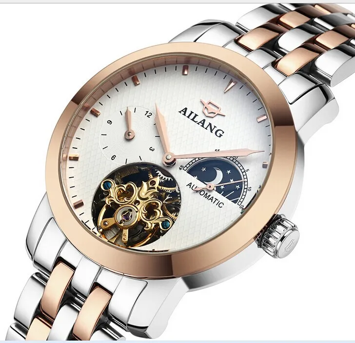 

Men AILANG Luxury Gold Plated Full Steel Watches Tourbillon Automatic Dress Wrist watch Moon Phase 4 Hands Analog 3ATM NW3295