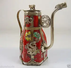 

china old collectable handwork porcelain teapot armored dragon butterfly Garden 100% real Tibetan Silver Brassroom