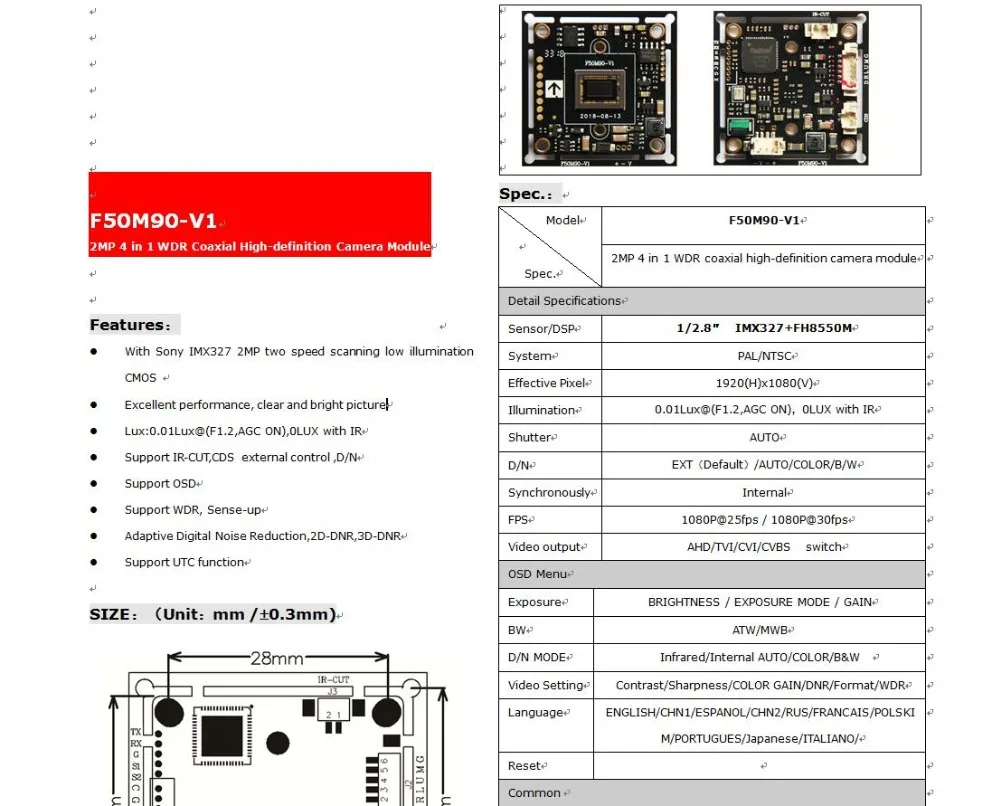 1080P 2MP SONY 1/2. " IMX327+ FH8550M CMOS плата 4в1 Starlight высокое разрешение WDR AHD CVI TVI аналоговый модуль камеры видеонаблюдения