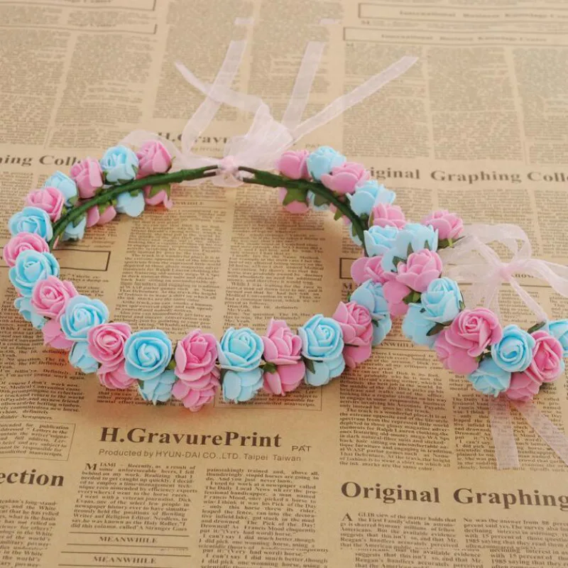 pink blue Довольно пены цветочные гирлянды браслет ручной работы Искусственные цветы Корона Браслет Комплект для свадьбы и вечеринки волос венок, гирлянда - Цвет: pink blue