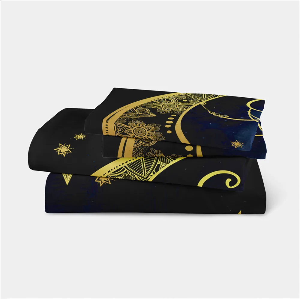 

Bohomia Style Black Bedding Set Golden Moon Star Print Duvet Cover Set Twin Full King Queen Bed Cover 3Pcs ropa de cama D35