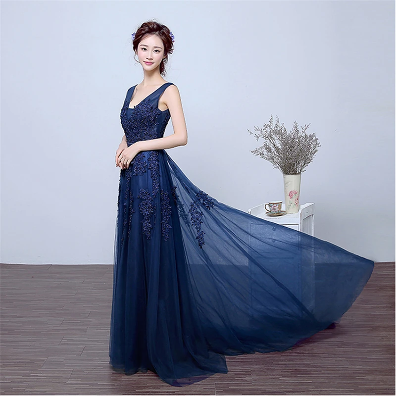 Темно синие платья подружки невесты со шлейфом кружевной вышивкой бисером