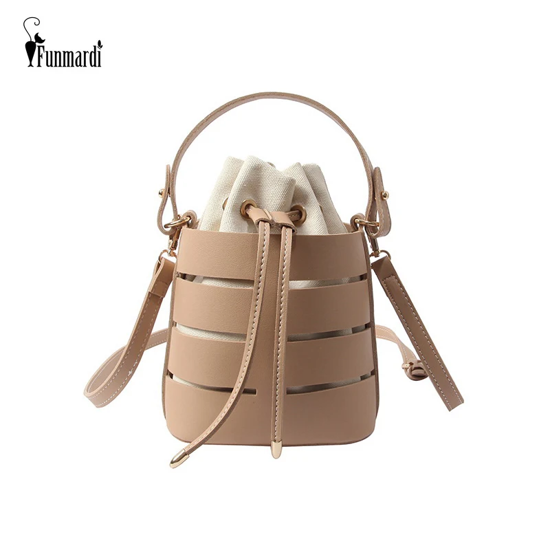 

FUNMARDI Small Bucket Crossbody Bags Women Hollow Out PU Leather Handbags Female Shoulder Bags Summer Solid Color Totes WLHB1894