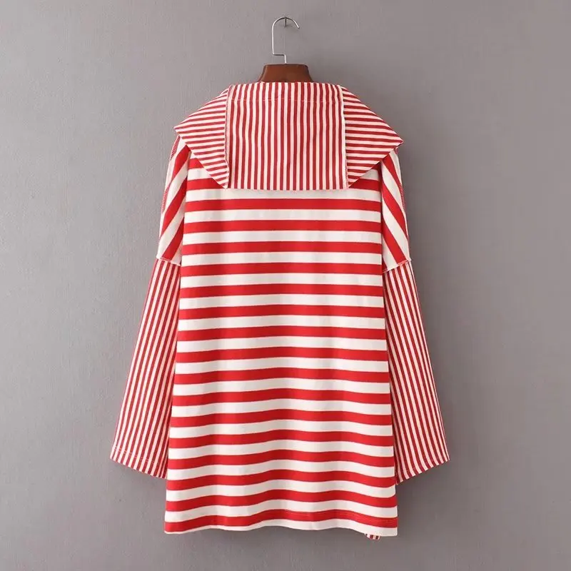 Женский свитер VOGUEIN в полоску с бантом капюшоном и карманами длинным рукавом