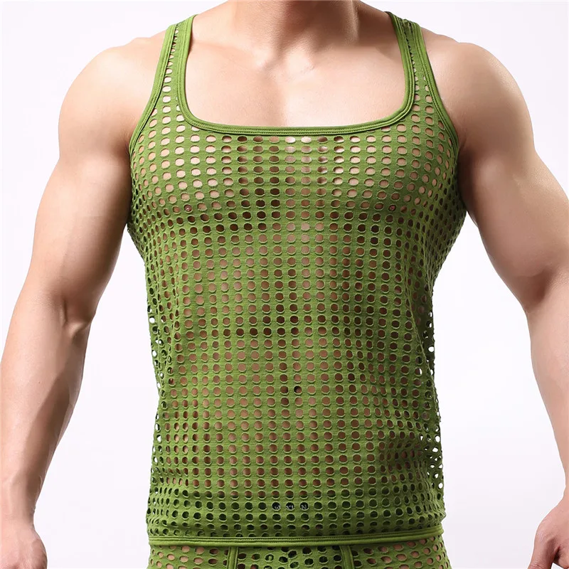 Men's Underwear Tight Vest Undershirt Sleeveless Hollow Out Breathable See Through Shirt Elastic Muscle T-shirt Undershirts