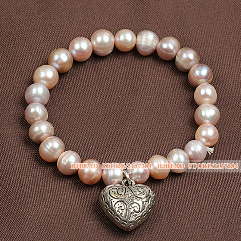 Best Gift Simple Elegant Style Natural Pink Freshwater Pearl Elastic/ Stretch Bracelet With Tibet Silver Heart Shape Charm | Украшения и