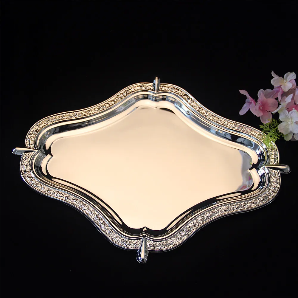 

Irregular Metal Relief Dinner Plate Decorative Iron Art Silver Electroplated Cake Stand Serving Tray Fruit Tableware Supplies
