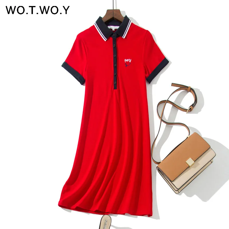 8223Red WOTWOY летнее платье-рубашка поло с вышивкой, женское черное платье, плюс размер, платье до середины икры, короткий рукав, свободное Повседневное платье до колен - Цвет: 8223Red