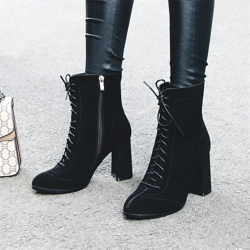 

Meotina Real Leather Ankle Boots Women Cow Suede Block Heels Short Boots Zipper Extreme High Heel Shoes Female Autumn Size 34-39