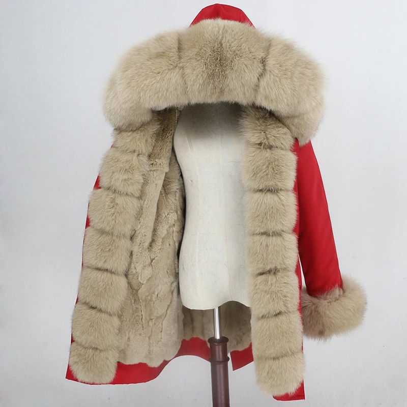 red beige Водонепроницаемая парка OFTBUY, длинное пальто с натуральным мехом енота, Воротник из лисьего меха, капюшон, подкладка из кроличьего меха, толстая теплая верхняя одежда, уличная одежда - Цвет: red beige
