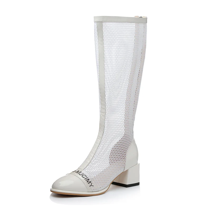 White high boots MNIXUAN/модные босоножки ручной работы в Корейском стиле; женская обувь; Новинка года; сапоги до колена на высоком каблуке с круглым носком на молнии; Цвет Черный - Цвет: White high boots