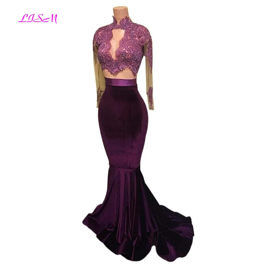

Mermaid Two Pieces Long Evening Dresses High Neck Lace Prom Dress Long Sleeves Appliques Sweep Train Formal Gowns Robe de Soiree