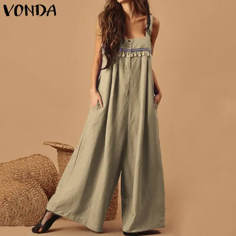 VONDA Plus Siz Комбинезоны женские Комбинезоны летние широкие брюки сексуальные без рукавов с кисточками Vinatge Комбинезоны повседневные брюки