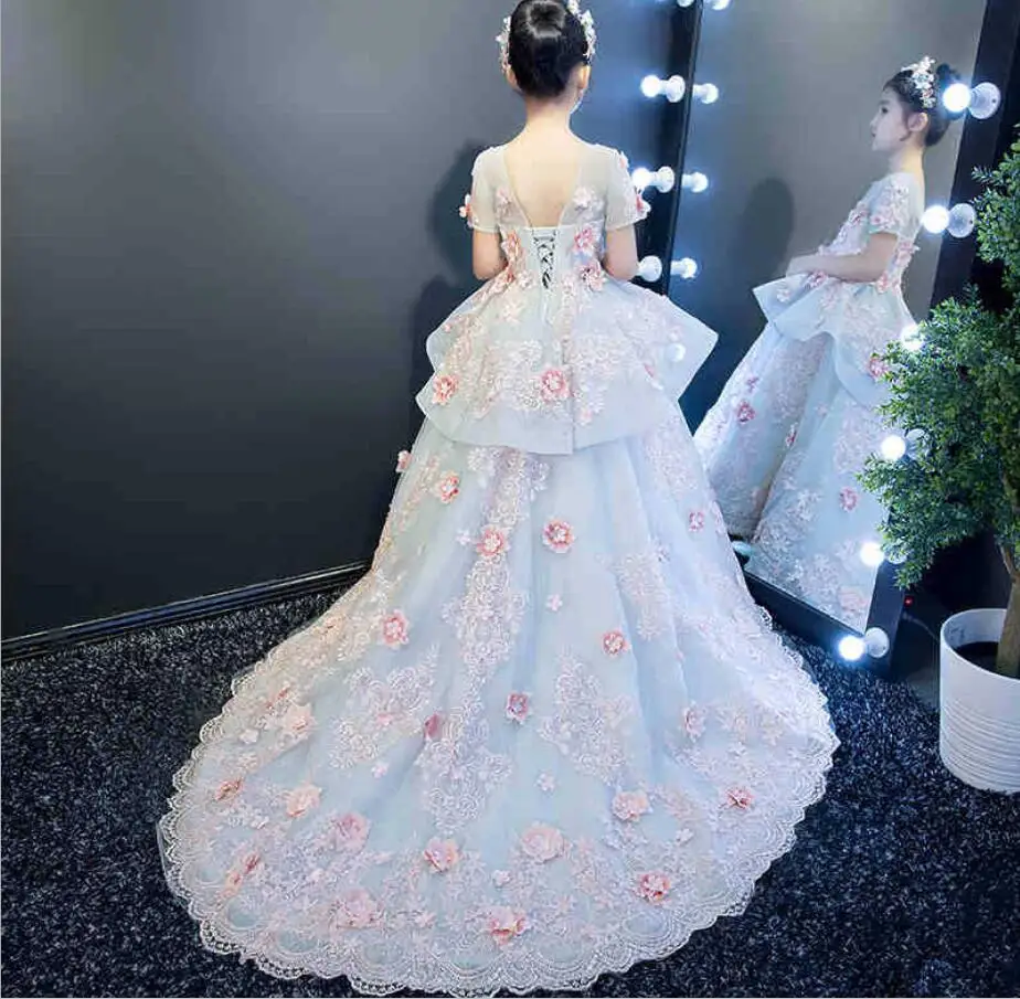 New Arrival Little Girls Luxury Lace Applique Holy First Communion Dresses for Floor Length Open Back Princess Dress | Детская одежда и