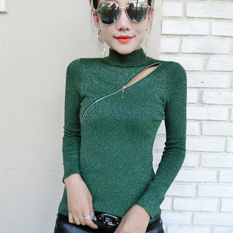 Shintimes 2018 Autumn Zipper Turtleneck Pullover Women Glitter Knitted Sweater Slim Jumper Winter Basic Female Christmas | Женская