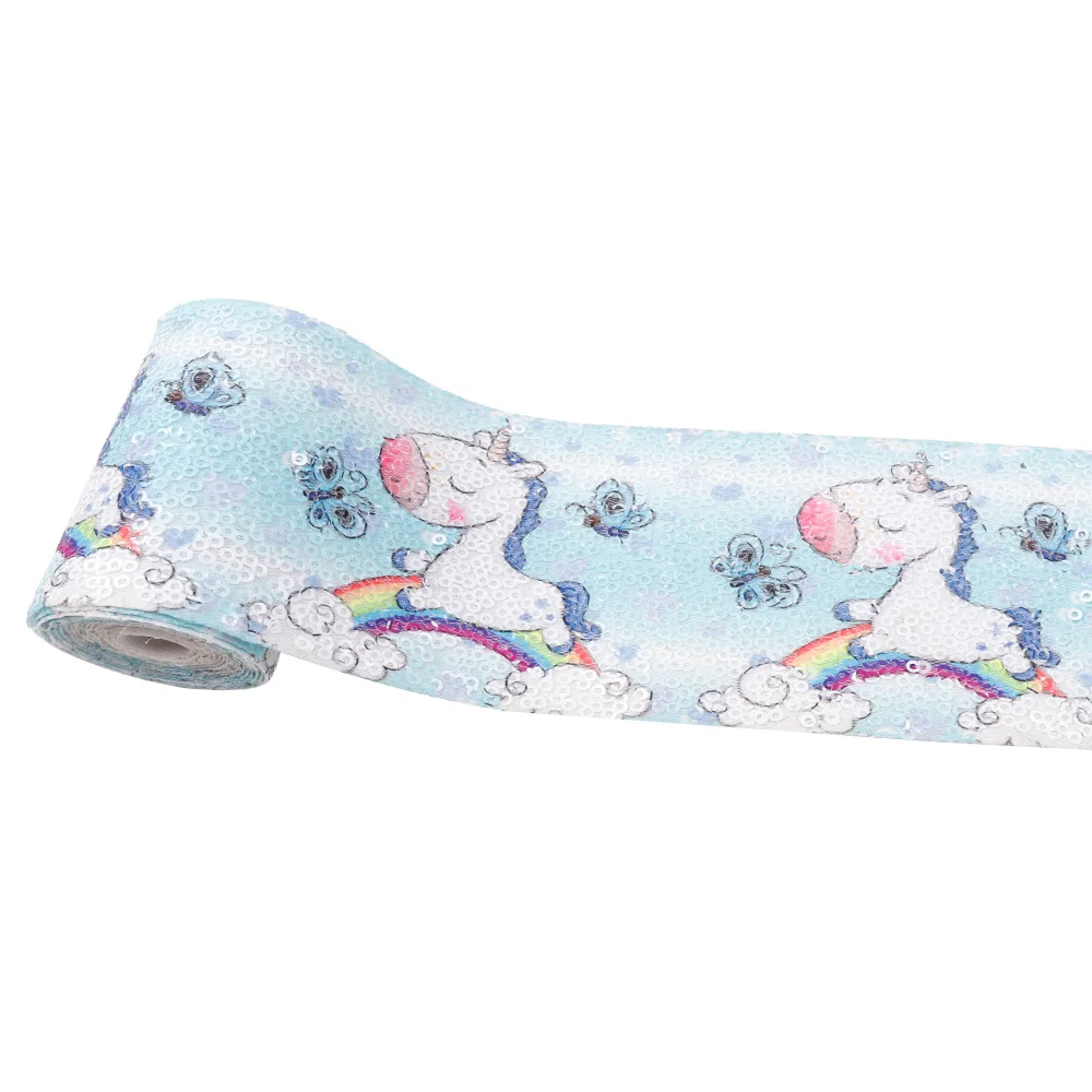 Ribbon Polyester Sequin Cute Unicorn Printed DIY Hair Bows Decoration Accessories Children Birthday Party Decorations 75mm 2Y | Дом и сад