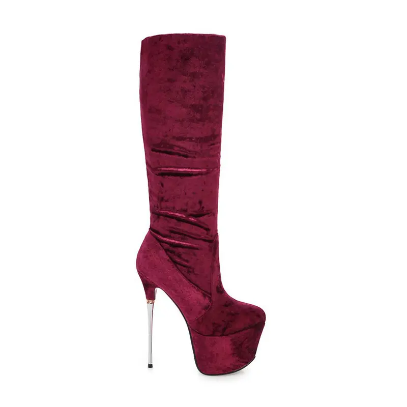 Women boots model Dance Nightclub Boots 16CM Extreme High Heel Metal Heels Platform flock mid-calf Thigh High Boots size 42 43