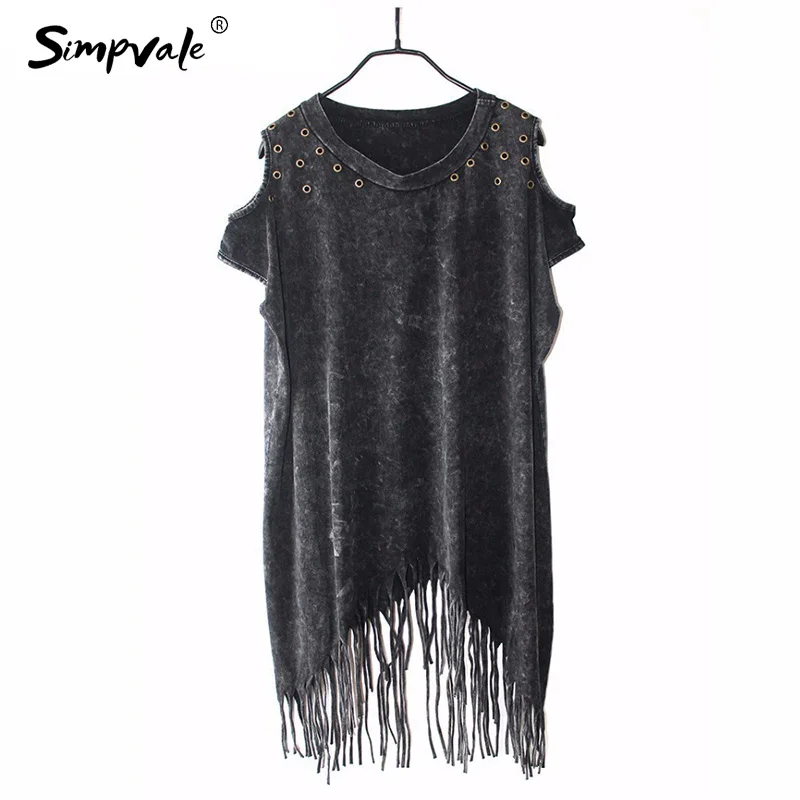 SIMPVALE панк Рок кисточкой Длинные футболки Женские однотонные винтажные Модные