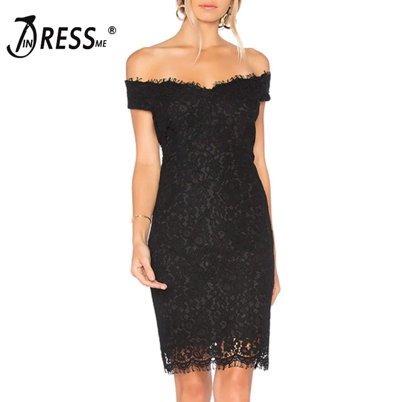 INDRESSME сексуальное платье с открытыми плечами вырезом лодочкой мини-кружевом