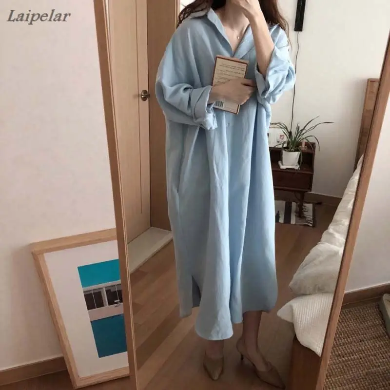 

women's summer loose long shirt dress female solid single breasted plus size long sleeve side split vestidos dresses