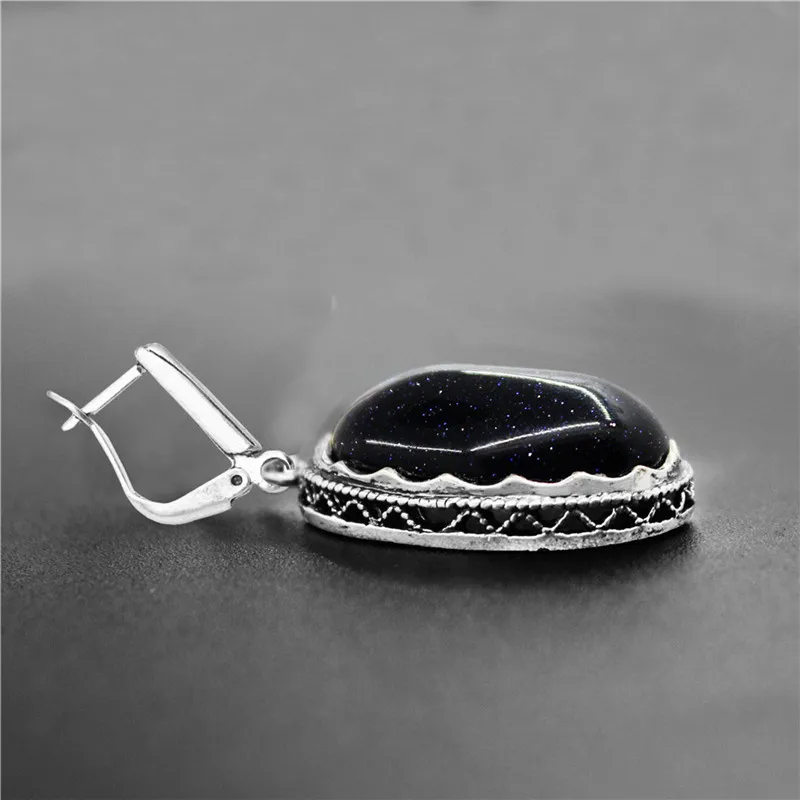 Big Dark Blue Sandy Stone Earrings For Women Antique Silver Plated Party Hollow Flower Pendant Fashion Jewelry TE369|Серьги-подвески| |