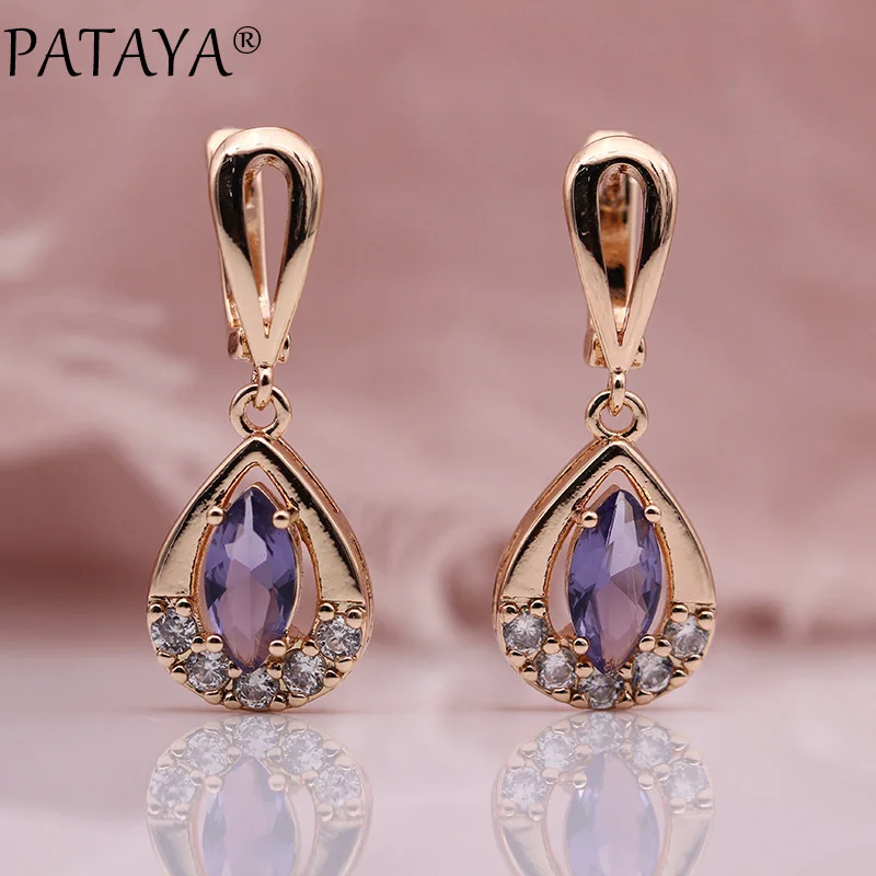 purple PATAYA, новинка 585, модные, розовое золото, AB, капля воды, натуральный циркон, длинные висячие серьги для женщин, свадебные милые серьги, ювелирное изделие, 12 цветов - Окраска металла: purple