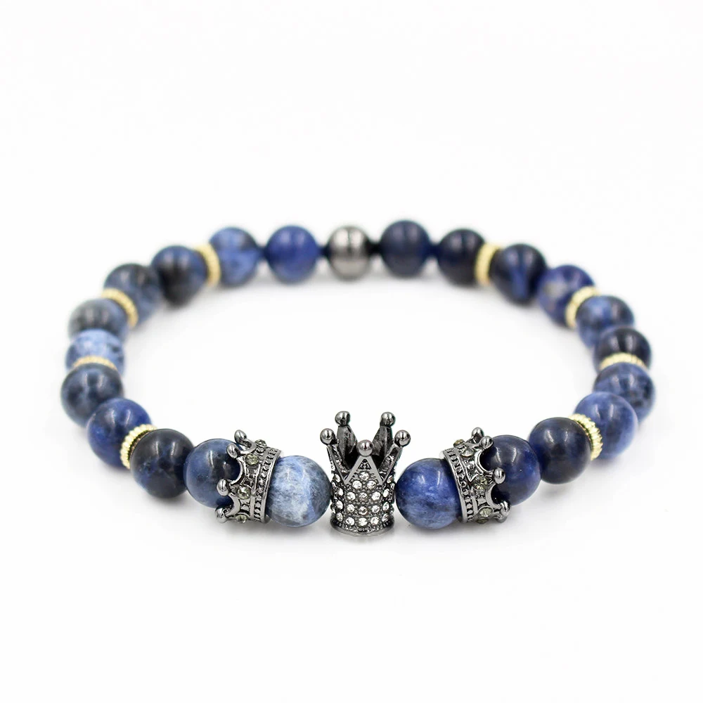 Natural Blue-Vien Stone Beads Bracelet Men's Micro Pave CZ King Rown Charm Mala Bead Rock Bracelets For Women Pulseira Masculina |