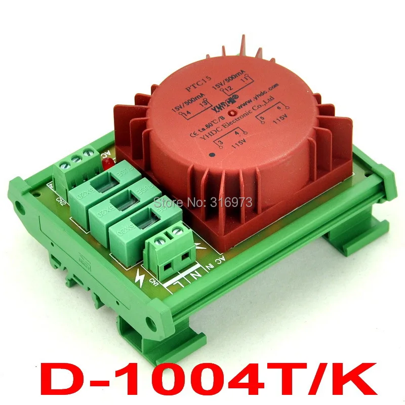 P 230VAC, S 2x 15VAC, 15VA DIN Rail Mount Toroidal Power Transformer Module.