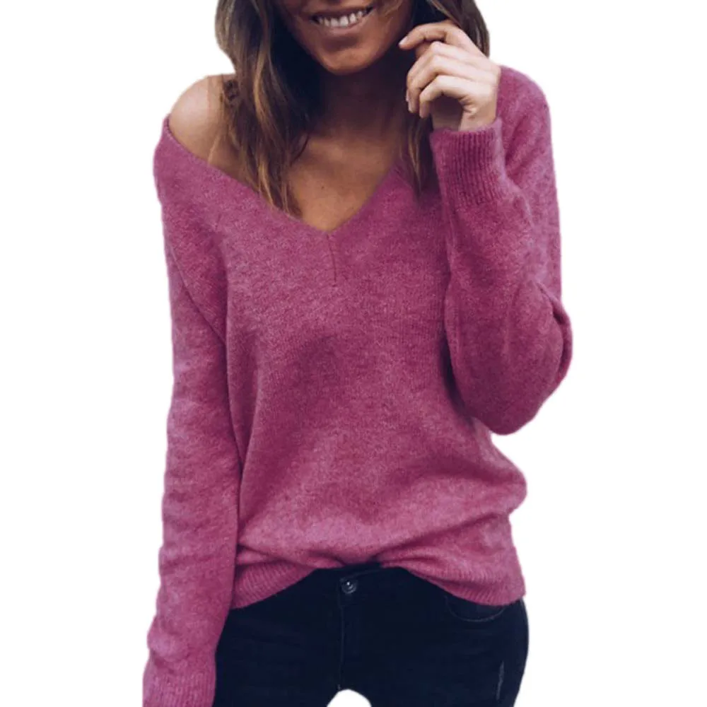 CHAMSGEND Winter Women Sweaters Fashion V-Neck Blouse Solid Long Sleeve Loose Knitted Sweater Casual Cotton No21 | Женская одежда