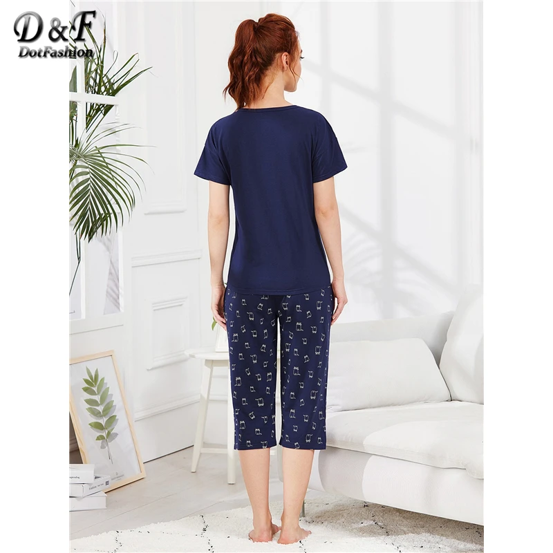 Dotfashion темно-синяя футболка с принтом животных и штаны, пижамный комплект, летние пижамы для женщин, повседневная одежда для сна с коротким рукавом, женская одежда для сна