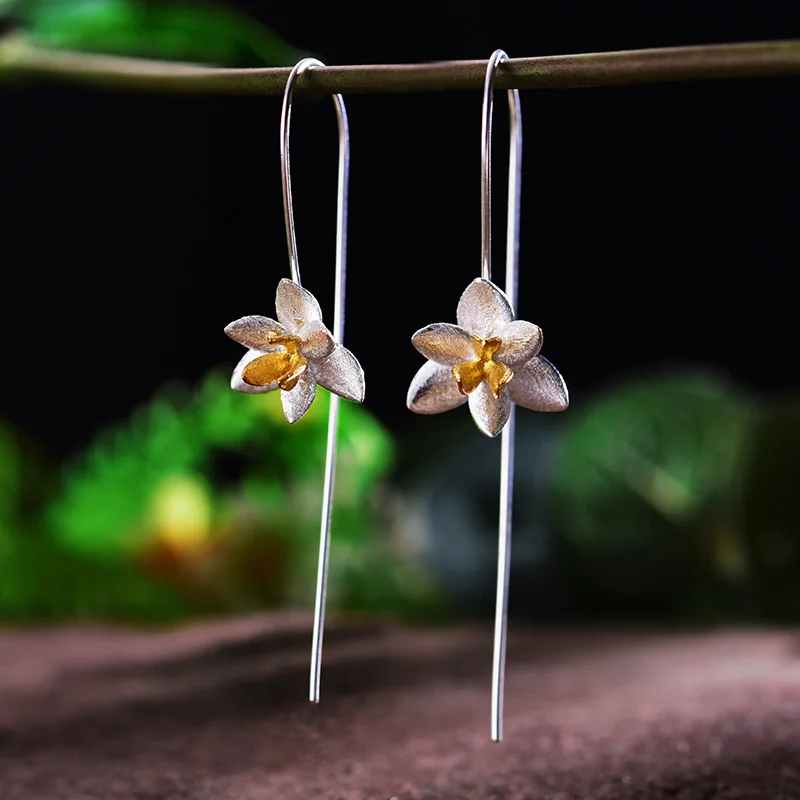 Lotus Fun 925 стерлингового серебра Висячие серьги для женщин цветок крюк Этническая бижутерия ручной работы свадебные аксессуары - Цвет камня: silver