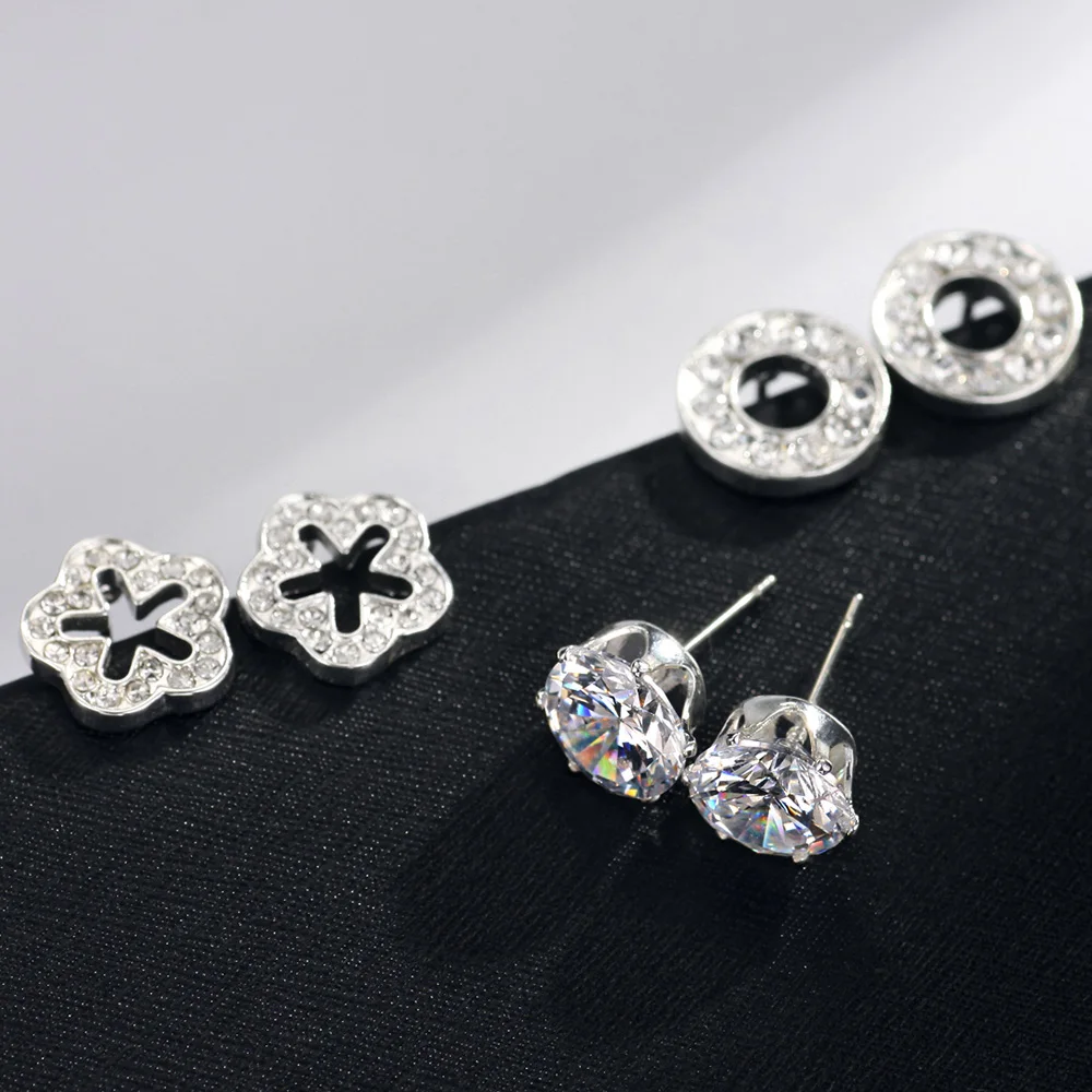 Серьги гвоздики Neoglory стразы маленькие три пары набор белых цветов для женщин