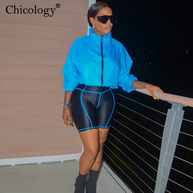Chicology patchwork neon stripe women biker short 2019 summer female high waist sporting clothing sexy lady streetwear trousers | Женская