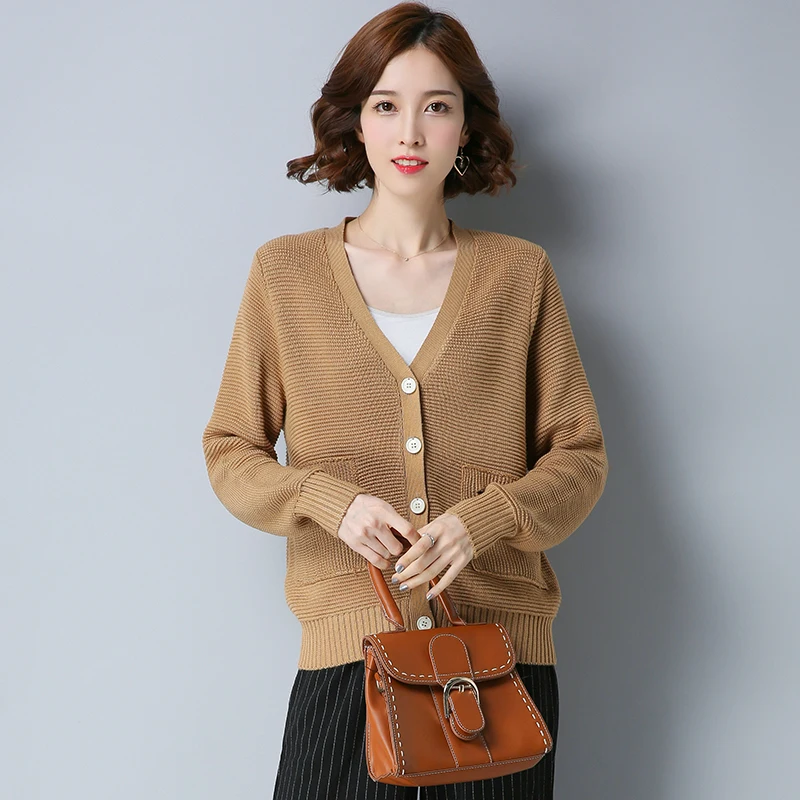 Новый осенний женский кардиган однотонное вязаное пальто с длинными рукавами и